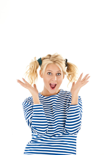 Happy woman making a funny face over white background - Foto, Bild