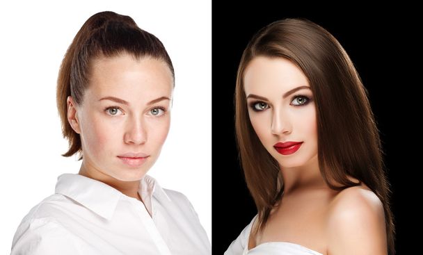 comparison portraits beautiful girl with and without makeup, before and after. left clean face no makeup and right makeup and retouch - Fotoğraf, Görsel