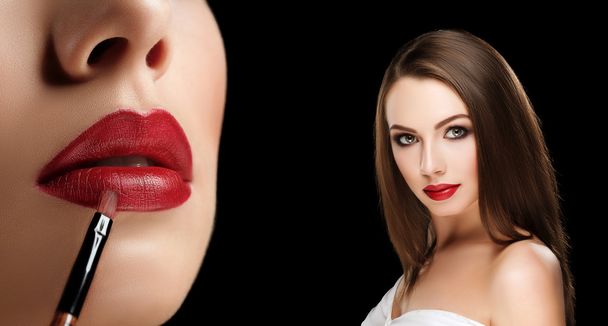 collage of young beautiful woman apply red lipstick on lips with closeup photo of lips with brush side view on black background - Zdjęcie, obraz