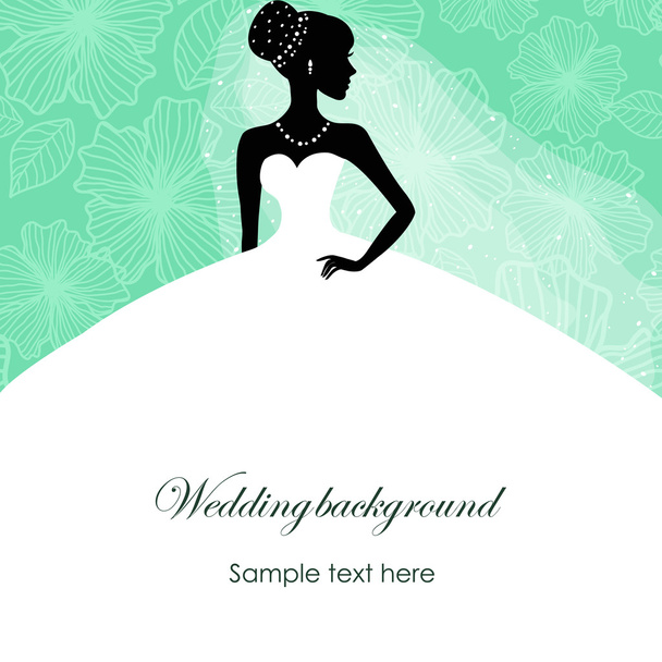A beautiful silhouette of a bride in a dress on a turquoise background with patterns - Vetor, Imagem