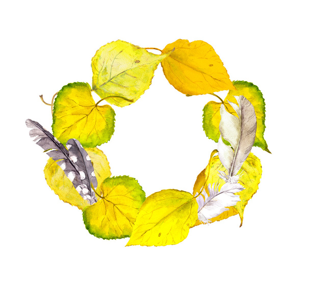 Autumn wreath frame with yellow autumn leaves and feathers. - Zdjęcie, obraz