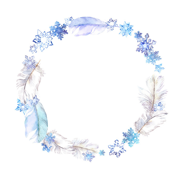 Christmas wreath with snow flakes and feathers. Watercolor circle frame for vintage xmas card - Фото, зображення