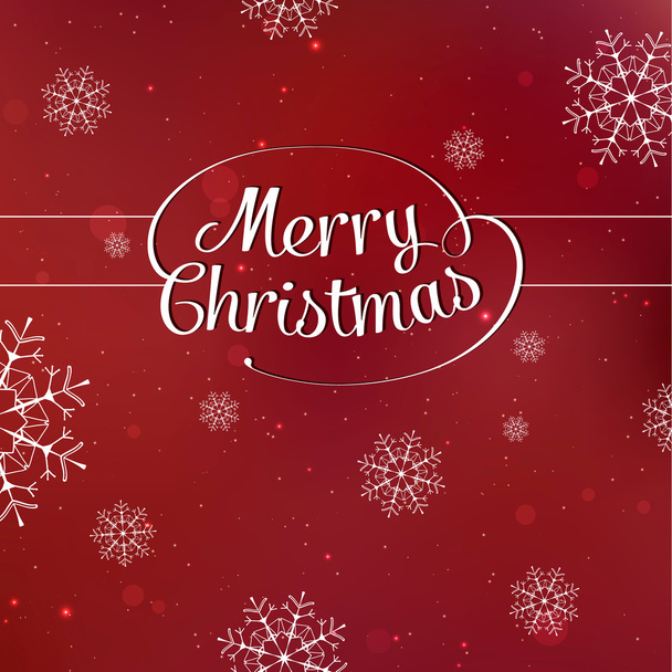 Merry Christmas interlaced lettering with snowflakes on red background vector card - Вектор,изображение