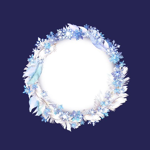 Christmas wreath with snow flakes and feathers. Watercolor circle frame for xmas card - Foto, Imagen