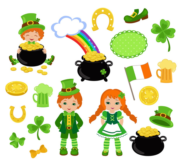 Erkek ve kız İrlandalı kostümleri. St. Patrick'ın gün. Vektör çizim. Saint Patrick'ın gün semboller koleksiyonu çizimleri. - Vektör, Görsel