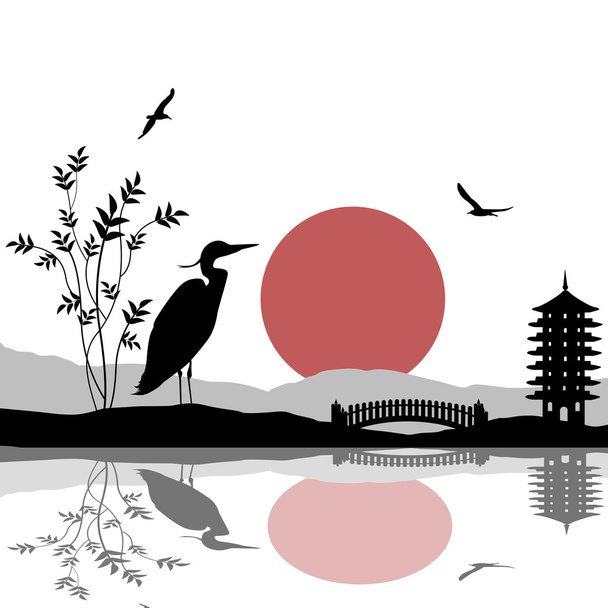 silhueta de garça no rio no belo lugar asiático
 - Vetor, Imagem