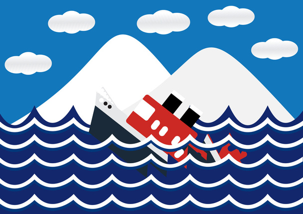 Potápějící se loď s ledovce a wave plochý design. Vektorové ilustrace. - Vektor, obrázek