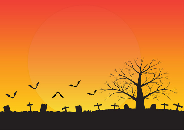 Siluetti hautausmaa kuollut puu ja flyinf lepakot
 - Vektori, kuva