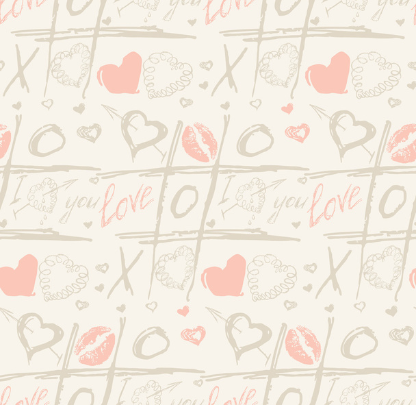 Grunge vector seamless pattern with hand painted hearts and words love. - Vector, Imagen