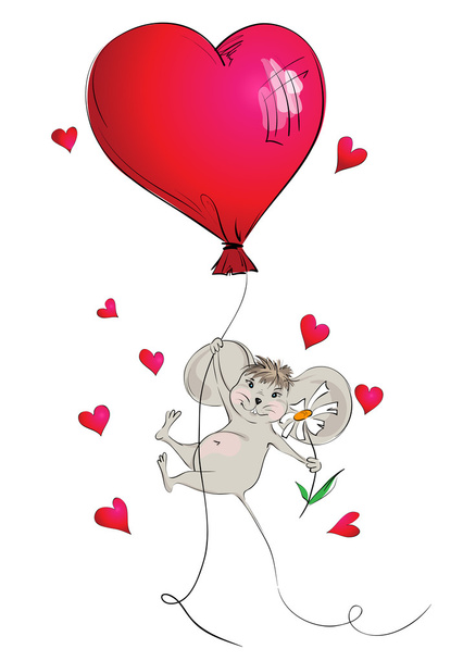 Happy mouse flying in a balloon in the form of heart - Διάνυσμα, εικόνα