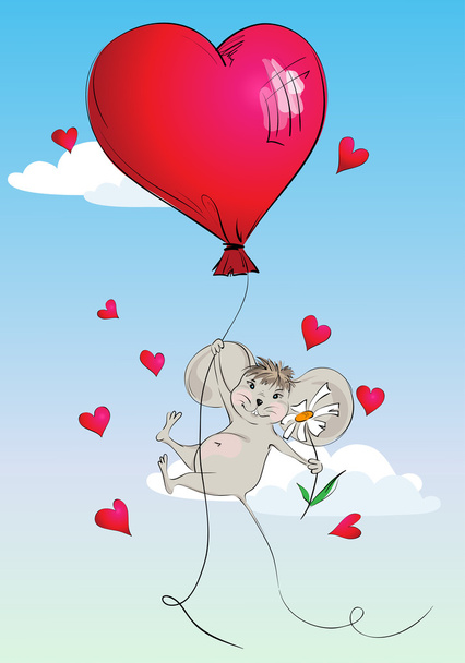 Happy mouse flying in a balloon in the form of heart on backgrou - ベクター画像