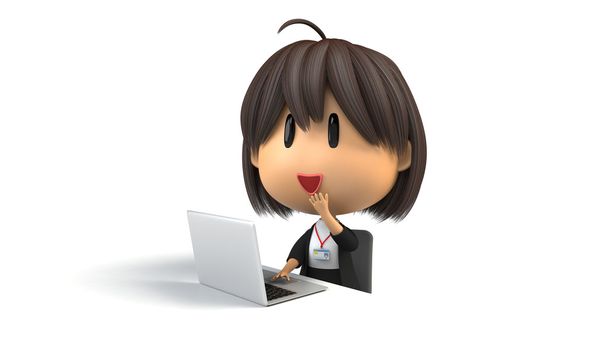 Vrouwelijk personeel die glimlach in werking personal computer - Foto, afbeelding