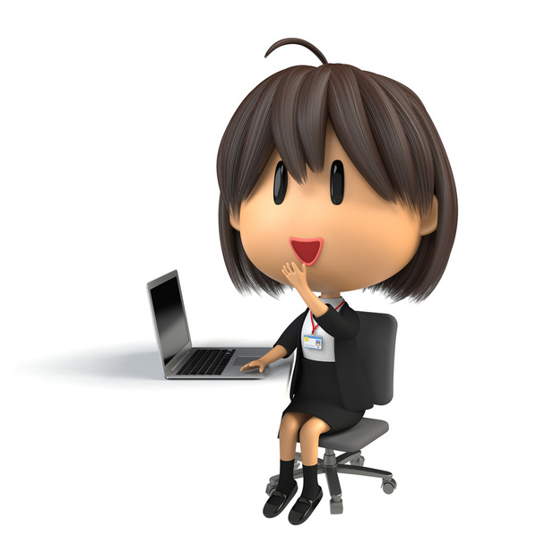 Personale femminile che sorride nel funzionamento del personal computer
 - Foto, immagini