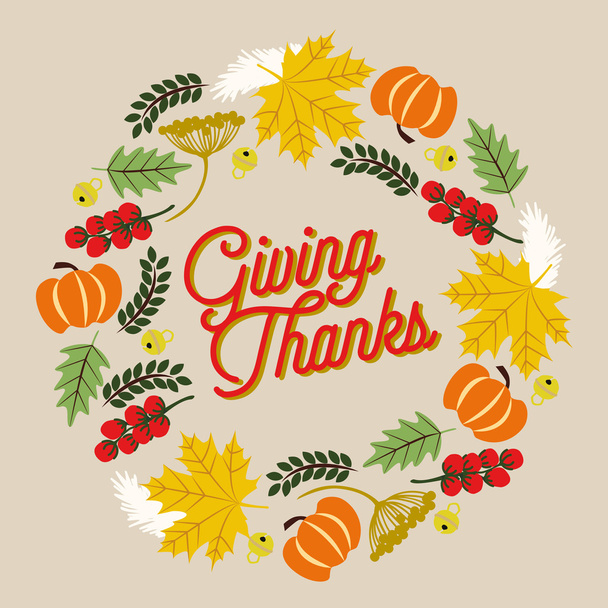 DruckThanksgiving card with wreath on beige background - Vector, Image