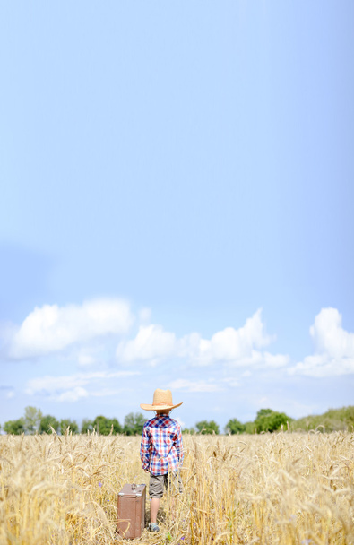 Little boy in straw hat standing beside suitcase in field - Foto, immagini