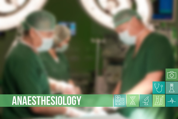 Anestesiología imagen concepto médico con iconos y médicos en el fondo
 - Foto, Imagen