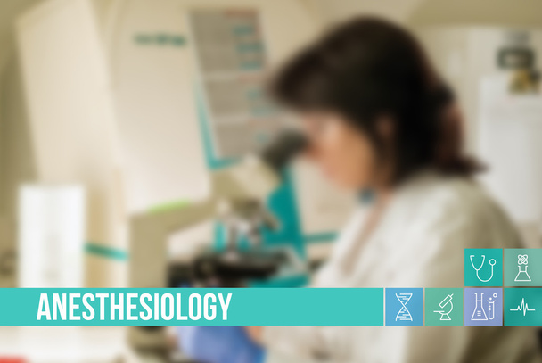 Anestesiología imagen concepto médico con iconos y médicos en el fondo
 - Foto, Imagen