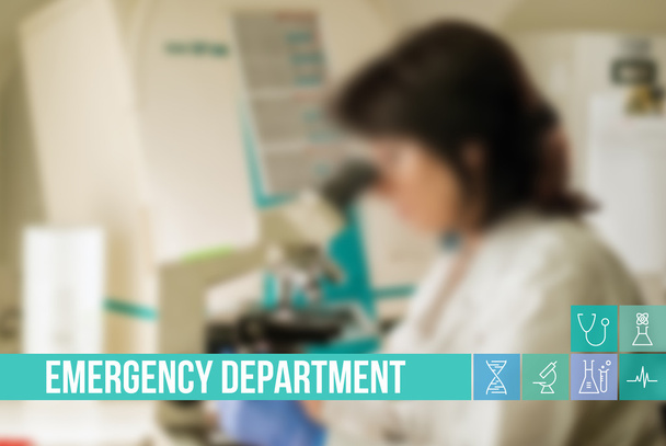 Imagen del concepto médico del departamento de emergencias con iconos y médicos en segundo plano
 - Foto, Imagen