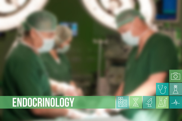 Endocrinología imagen concepto médico con iconos y médicos en segundo plano
 - Foto, Imagen