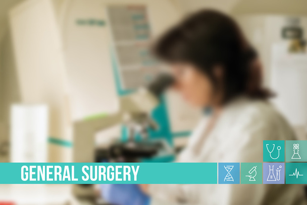 Cirurgia geral imagem conceito médico com ícones e médicos em segundo plano
 - Foto, Imagem