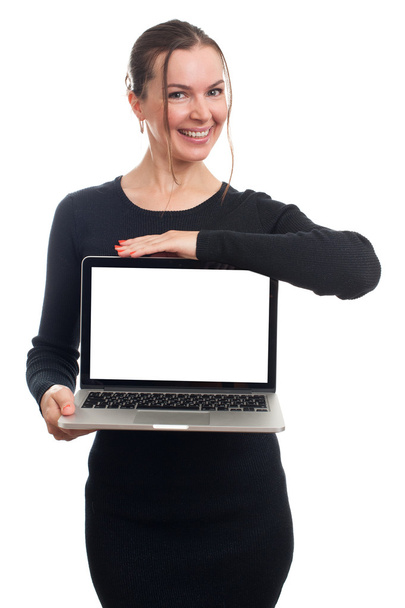 Gelukkig zakenvrouw weergegeven: lege laptop scherm - Foto, afbeelding