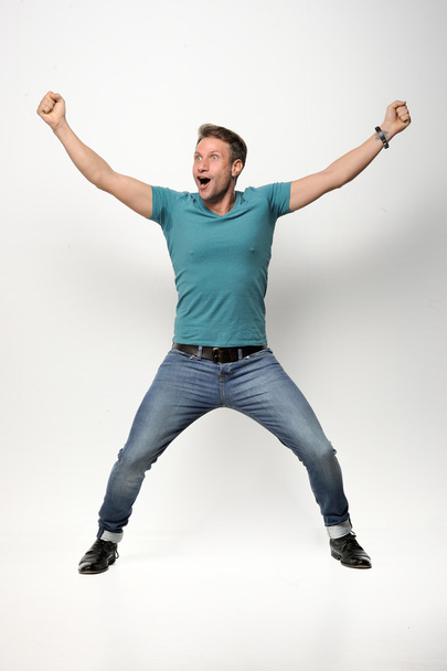 man screaming mouth open, wear casual blue shirt, isolated white background, concept face emotio - Foto, Imagem