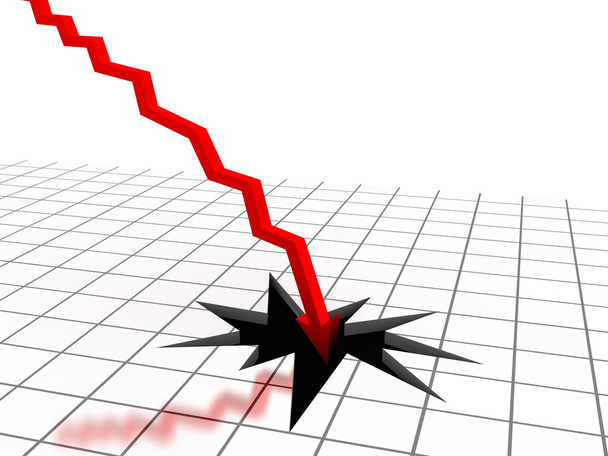 Red arrow breaking floor. Concept of bankruptcy, financial colla - 写真・画像