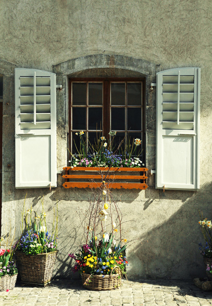 rustic window with wood shutters and flower pots in stone rural house - Foto, Imagem