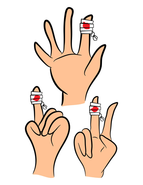 Set di dito ferito, mano avvolta in benda con pozzanghera rossa. Illustrazione vettoriale isolata su sfondo bianco
. - Vettoriali, immagini