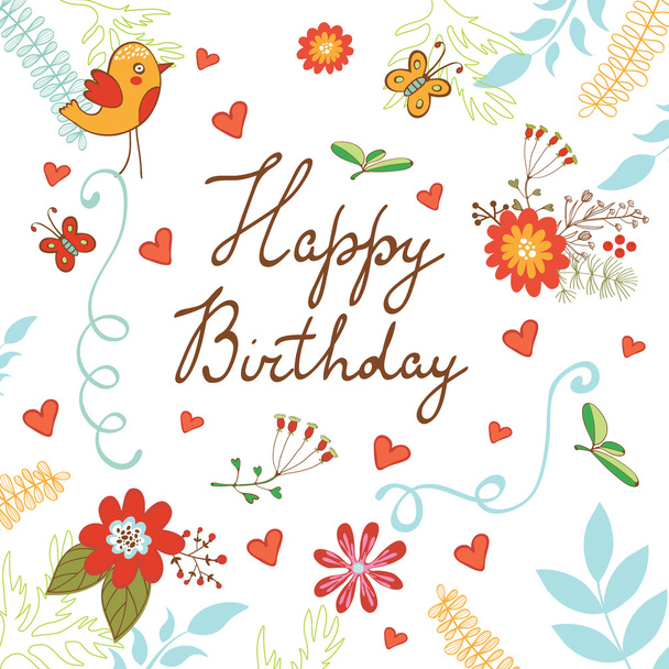 Gelukkige verjaardag kaart met bloemen en vlinders - Vector, afbeelding