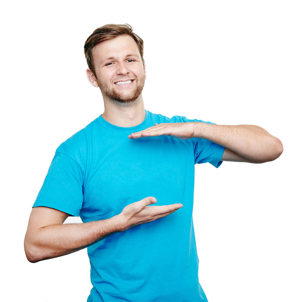 Bluet t-shirt desing concept. Smiling young man - Zdjęcie, obraz