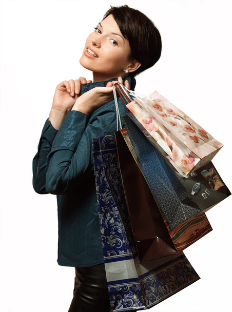 Mädchen mit Einkaufstüten, Shopaholic, Paketen mit Dingen - Foto, Bild