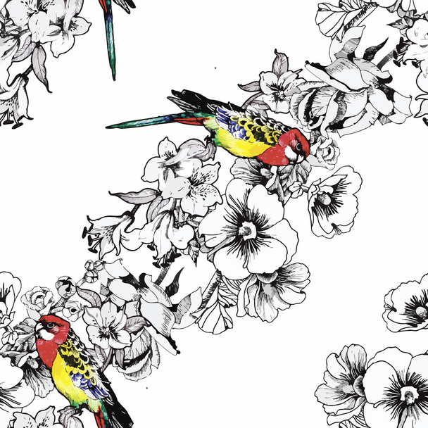 Exotic birds parrot with flowers colorful seamless pattern. Watercolor illustration. - ベクター画像