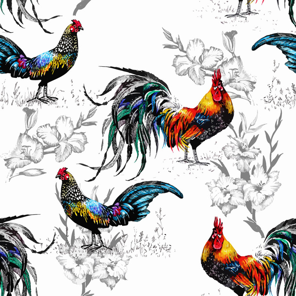 Seamless watercolor pattern with farm roosters silhouettes and flowers - Вектор, зображення