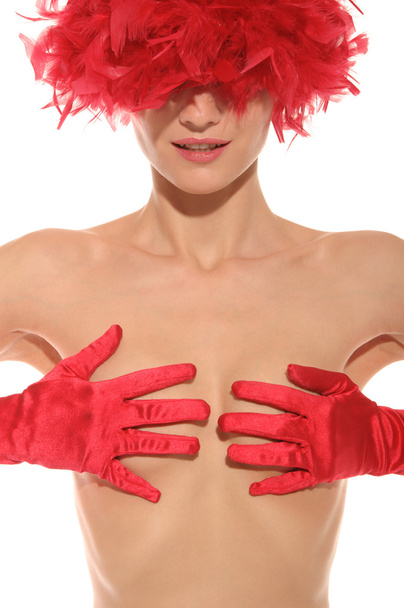 piękna kobieta sexy topless i w czerwone rękawice - Zdjęcie, obraz