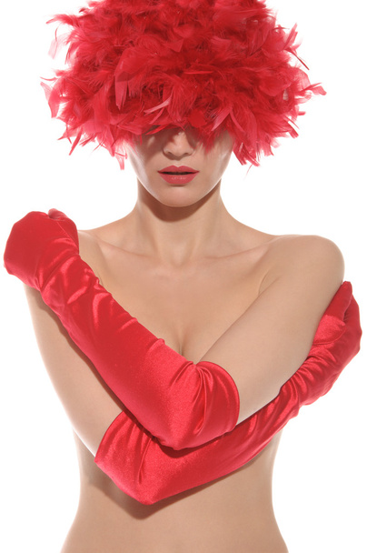 Hermosa mujer sexy en topless y en guantes rojos
 - Foto, Imagen