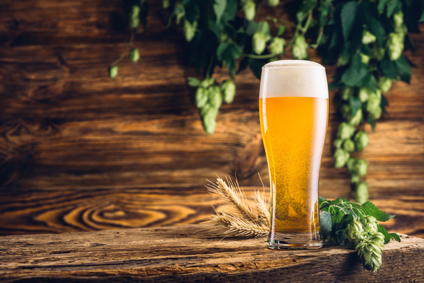 Glass of beer on old wooden table and wooden background - Fotó, kép