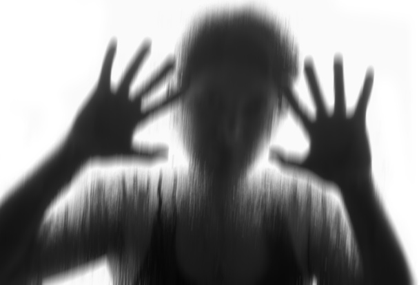 Horror woman behind the matte glass ,style  black and white, Blurry hand and body , soft focus - Photo, Image