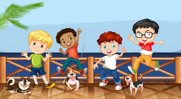 Little boys and their pet dogs - Vector, Image