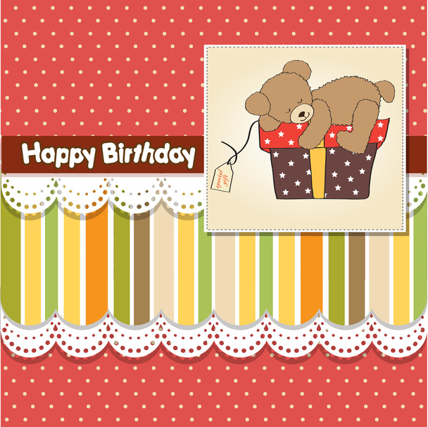 ευχετήρια κάρτα γενεθλίων με αρκουδάκι και μεγάλο κουτί δώρου - Φωτογραφία, εικόνα