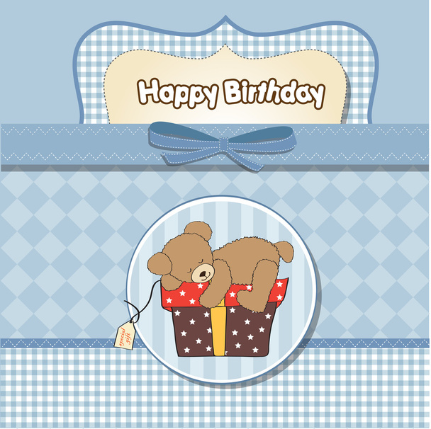 Birthday greeting card with teddy bear and big gift box - Фото, зображення