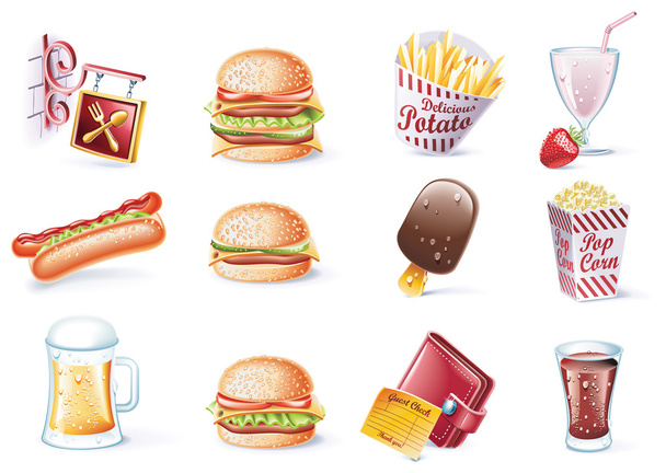 Vector cartoon style icon set. Part 22. Fast Food - Vector, Image