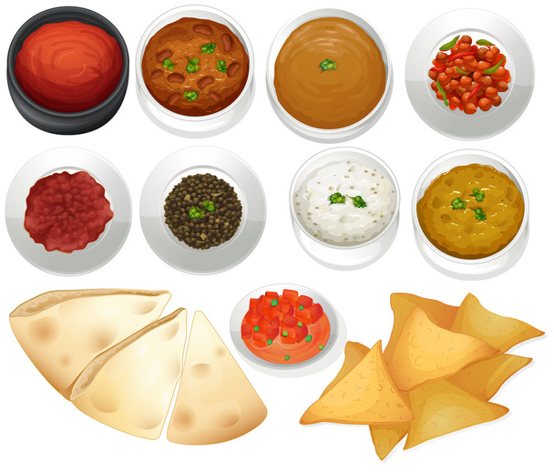 Различные виды чипсов и соусов
 - Вектор,изображение