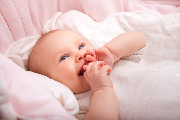 Boldog csecsemő egy mózeskosár - Fotó, kép