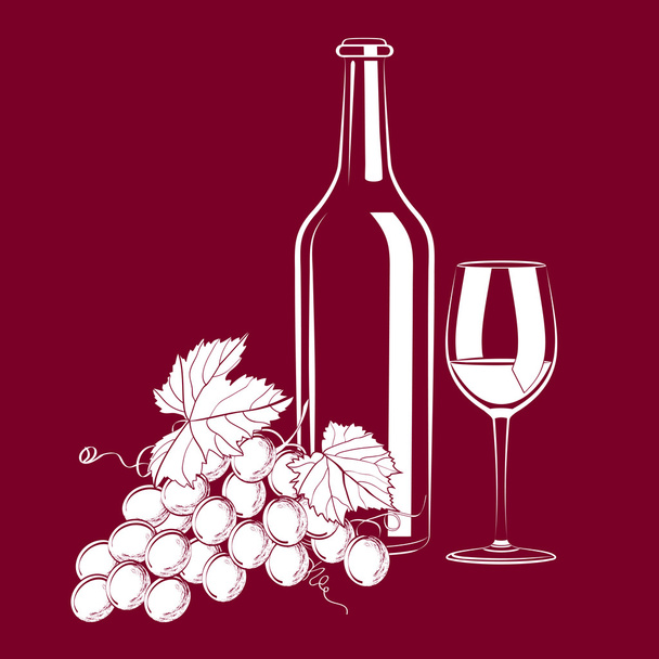 Vintage still life with wine and grapes - Vector, afbeelding