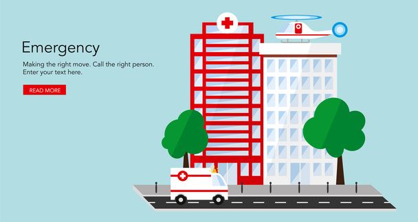 Two flat medical building outside with ambulance and helicopter. - Vector, Image