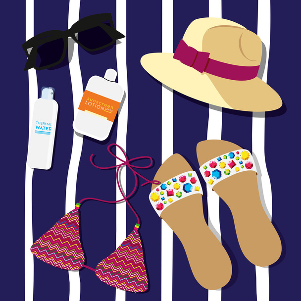 Beach accessories on blue striped beach towel. - Vector, Image