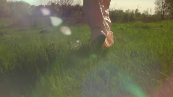 Dziewczyna w długiej sukni na polu wiosny - Materiał filmowy, wideo