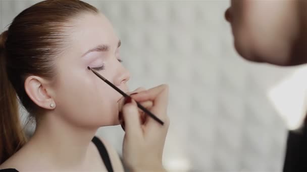Profesjonalny makijaż artysta wpierając światło fioletowe Eyeshadow na powiece. Zbliżenie - Materiał filmowy, wideo