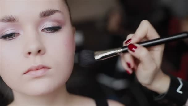 Maquiagem profissional aplicando blush nas maçãs do rosto. Close-up. Vista frontal
 - Filmagem, Vídeo